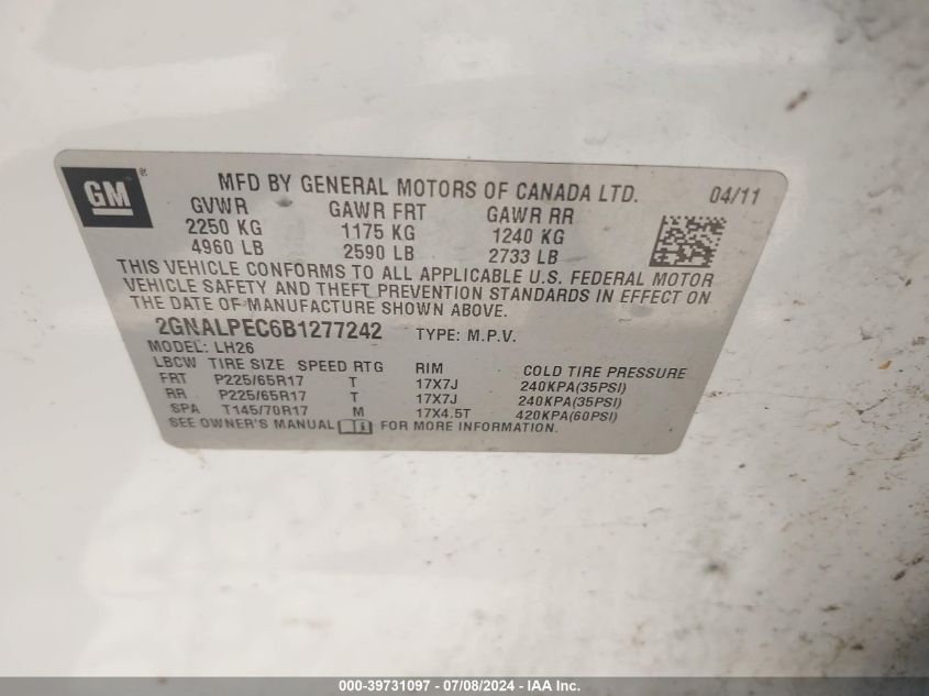 2011 Chevrolet Equinox 2Lt VIN: 2GNALPEC6B1277242 Lot: 39731097