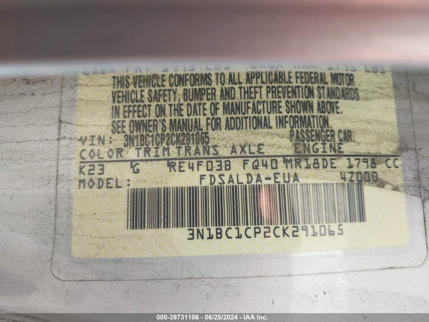 2012 Nissan Versa 1.8 S VIN: 3N1BC1CP2CK291065 Lot: 39731106