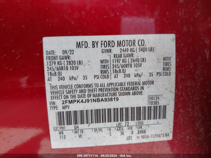 2022 Ford Edge Sel VIN: 2FMPK4J91NBA93819 Lot: 39731114