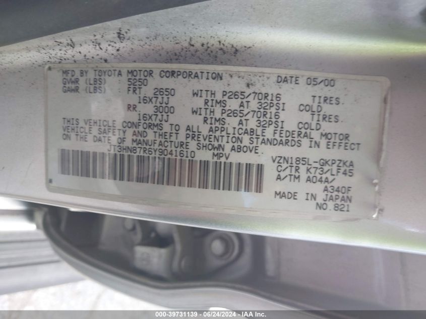 2000 Toyota 4Runner Limited V6 VIN: JT3HN87R6Y9041610 Lot: 39731139