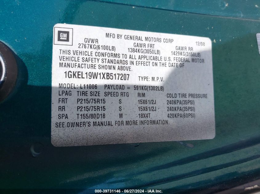 1999 GMC Safari Slt VIN: 1GKEL19W1XB517207 Lot: 39731146