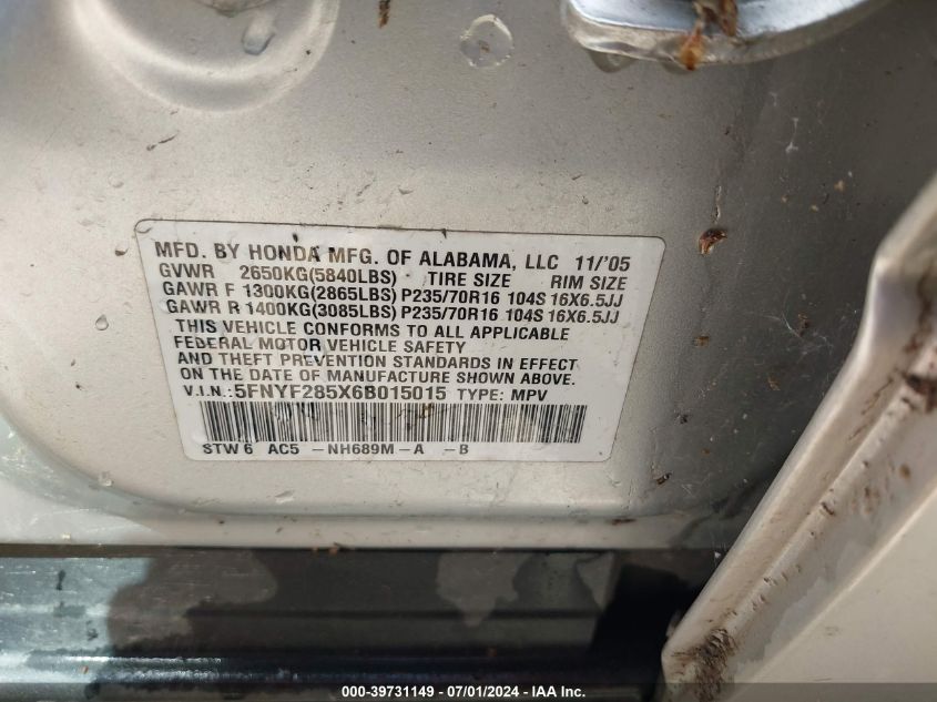 2006 Honda Pilot Ex-L VIN: 5FNYF285X6B015015 Lot: 39731149