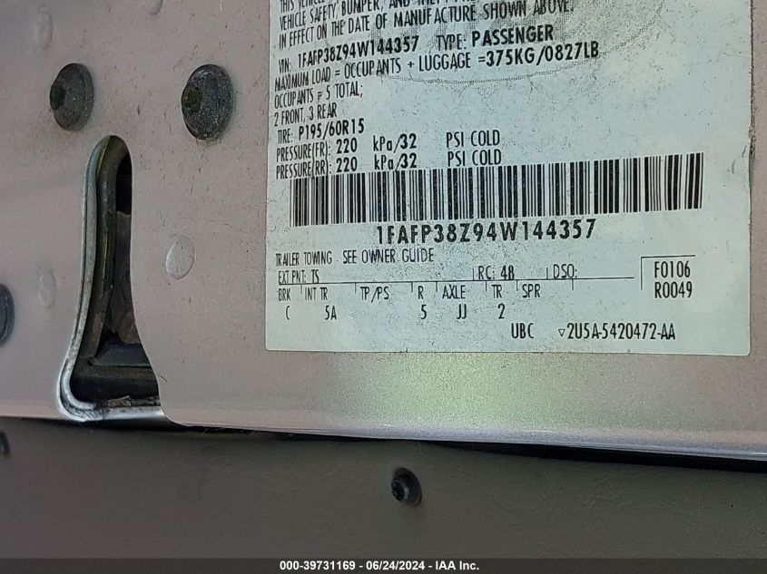 2004 Ford Focus Zts VIN: 1FAFP38Z94W144357 Lot: 39731169