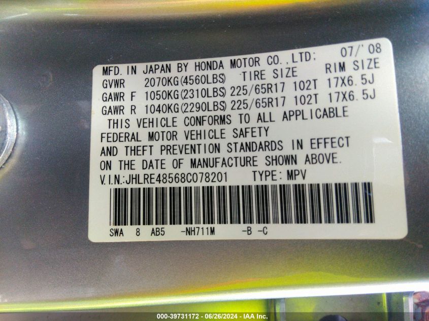 2008 Honda Cr-V Ex VIN: JHLRE48568C078201 Lot: 39731172