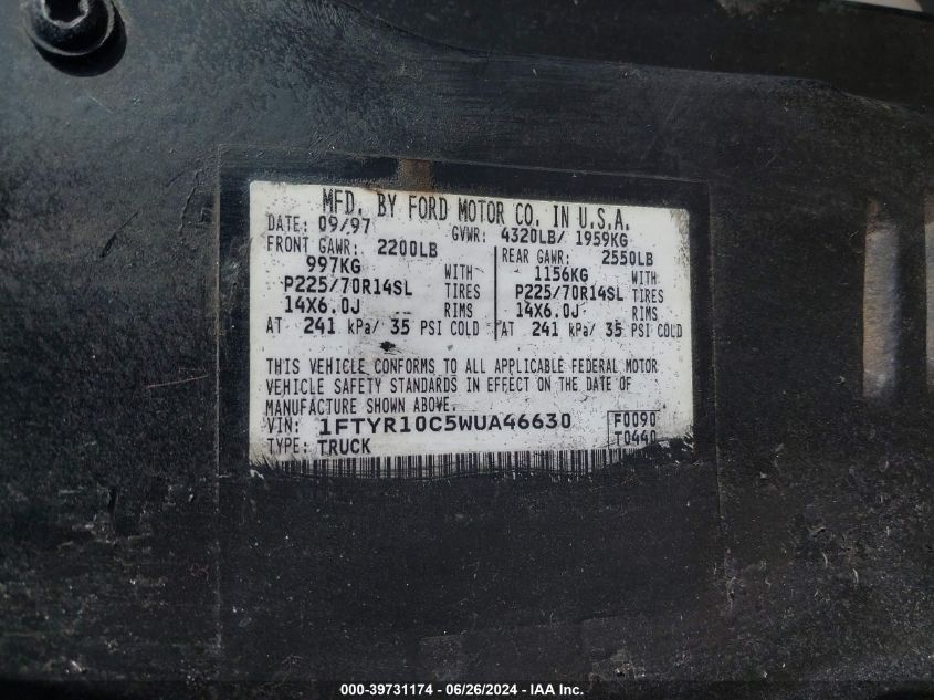 1998 Ford Ranger Splash/Xl/Xlt VIN: 1FTYR10C5WUA46630 Lot: 39731174