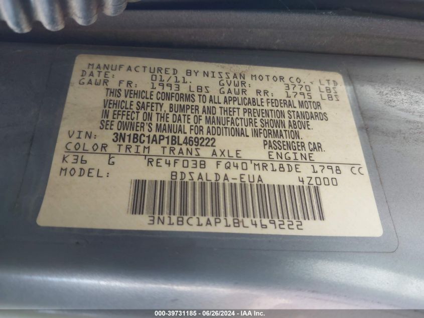 2011 Nissan Versa S/Sl VIN: 3N1BC1AP1BL469222 Lot: 39731185