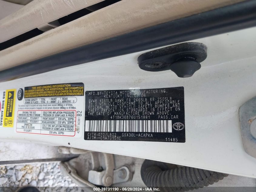2006 Toyota Avalon Limited VIN: 4T1BK36B76U151881 Lot: 39731190