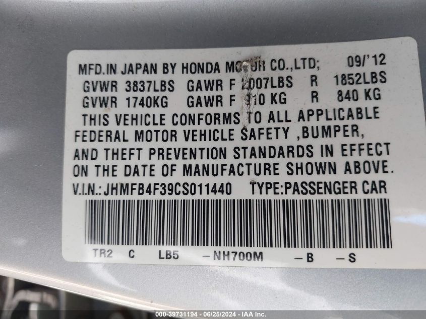 2012 Honda Civic Hybrid VIN: JHMFB4F39CS011440 Lot: 39731194