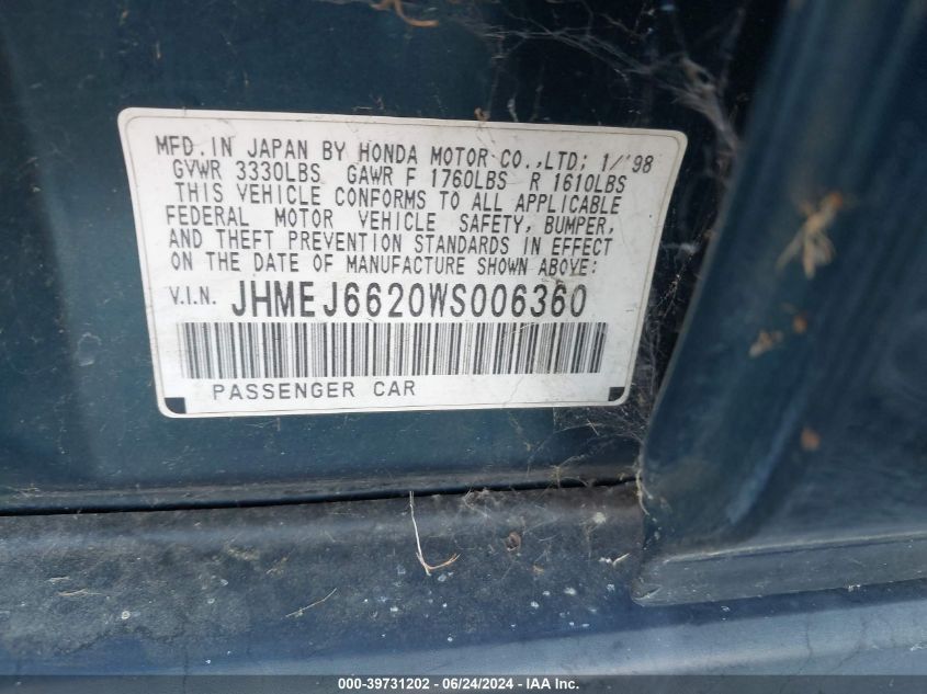1998 Honda Civic Dx VIN: JHMEJ6620WS006360 Lot: 39731202