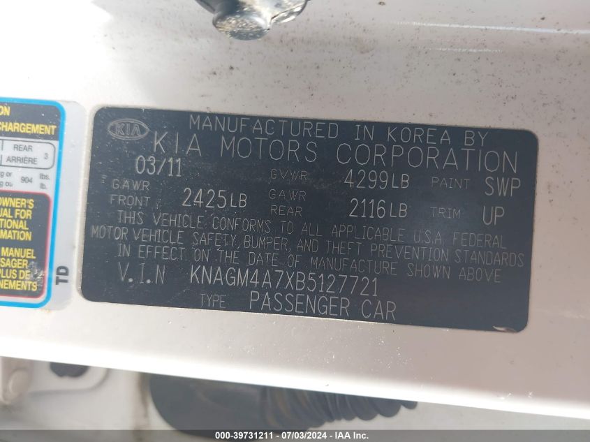 2011 Kia Optima Lx VIN: KNAGM4A7XB5127721 Lot: 39731211