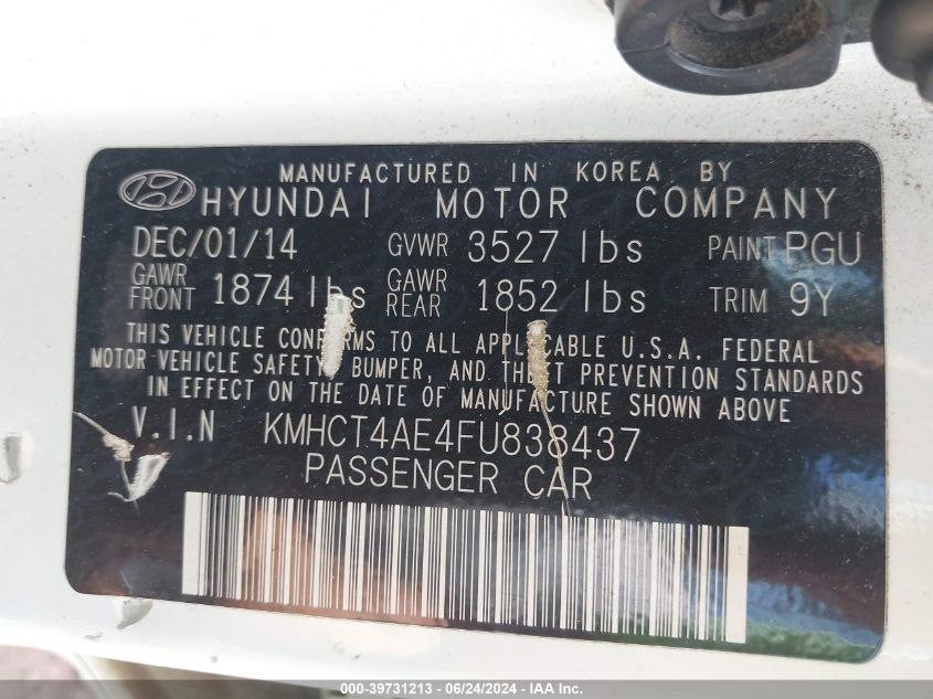 2015 Hyundai Accent Gls VIN: KMHCT4AE4FU838437 Lot: 39731213