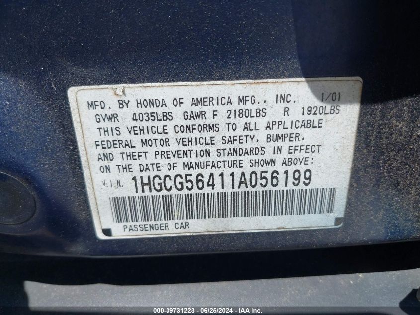 2001 Honda Accord 2.3 Lx VIN: 1HGCG56411A056199 Lot: 39731223