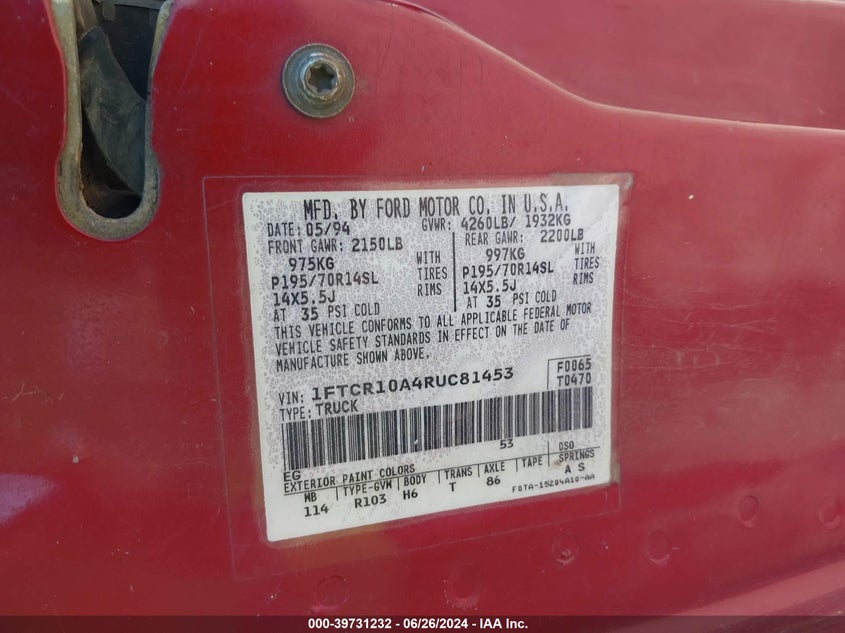 1994 Ford Ranger VIN: 1FTCR10A4RUC81453 Lot: 39731232