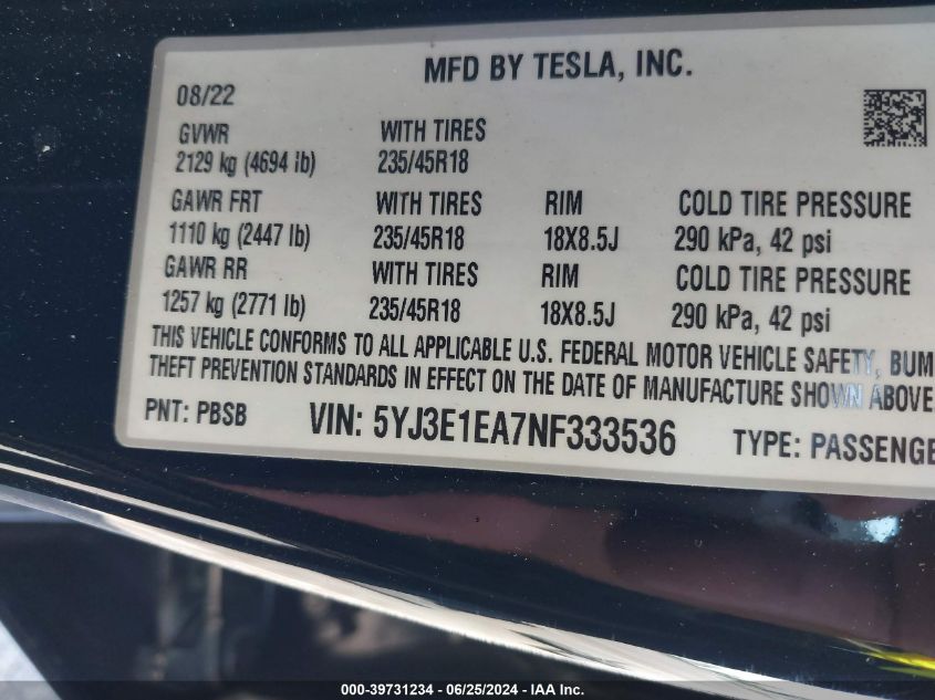 2022 Tesla Model 3 Rear-Wheel Drive VIN: 5YJ3E1EA7NF333536 Lot: 39731234