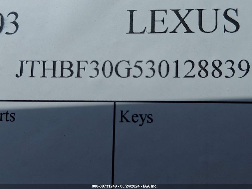 2003 Lexus Es 300 VIN: JTHBF30G530128839 Lot: 39731249