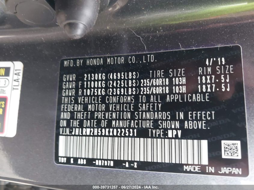 2019 Honda Cr-V Ex VIN: JHLRW2H59KX022531 Lot: 39731257