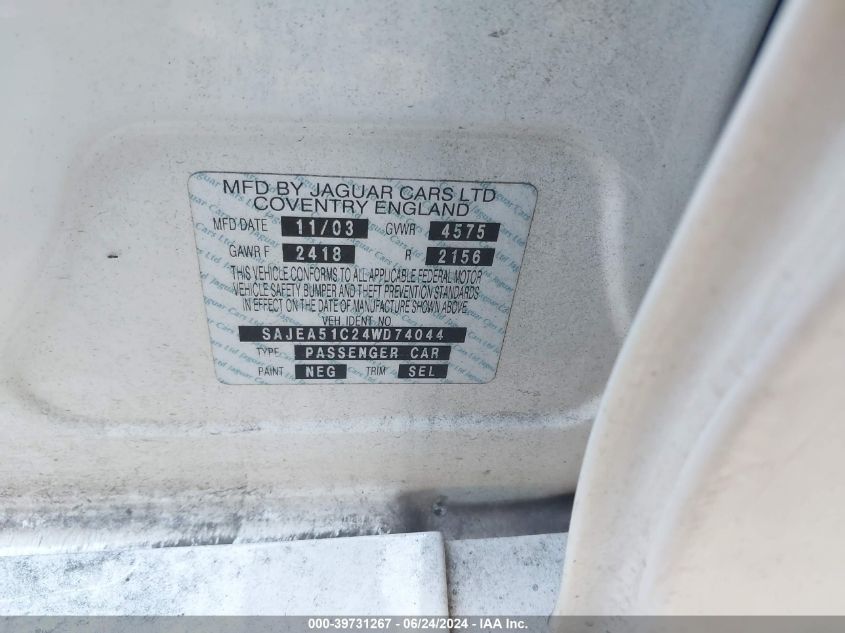 2004 Jaguar X-Type 3.0 VIN: SAJEA51C24WD74044 Lot: 39731267