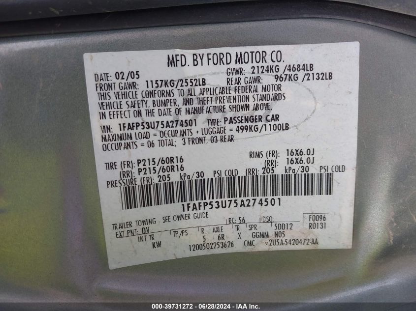 2005 Ford Taurus Se VIN: 1FAFP53U75A274501 Lot: 39731272