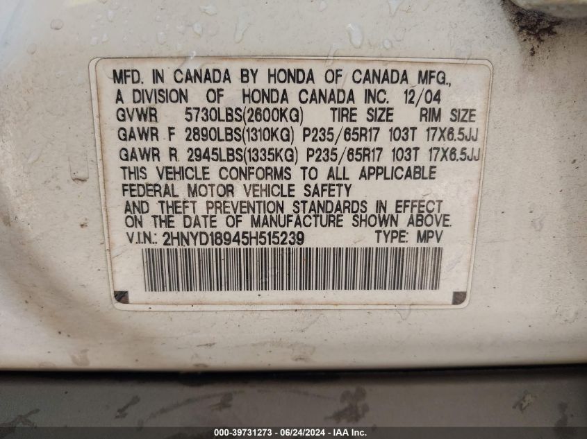 2005 Acura Mdx VIN: 2HNYD18945H515239 Lot: 39731273