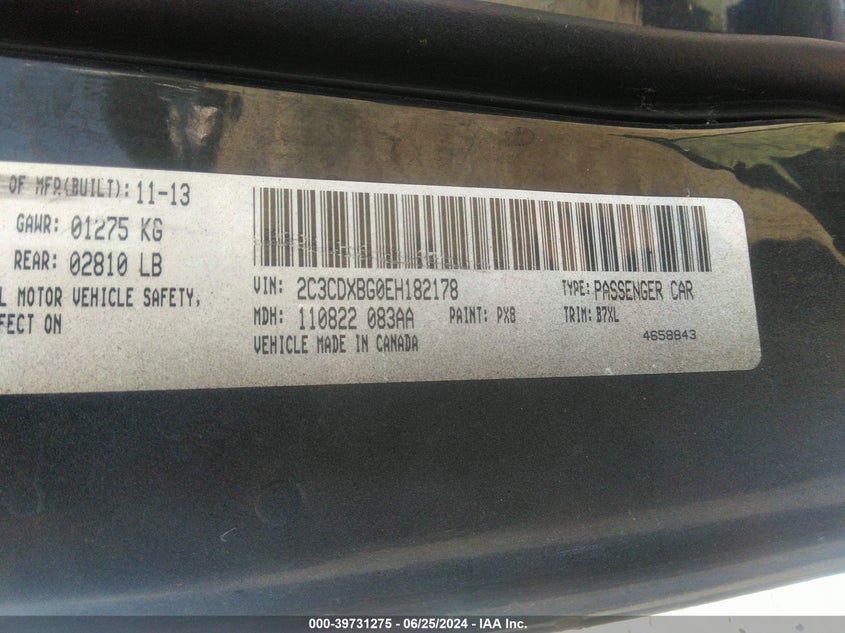 2014 Dodge Charger Se VIN: 2C3CDXBG0EH182178 Lot: 39731275