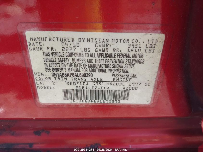 2010 Nissan Sentra 2.0Sr VIN: 3N1AB6AP6AL690390 Lot: 39731281