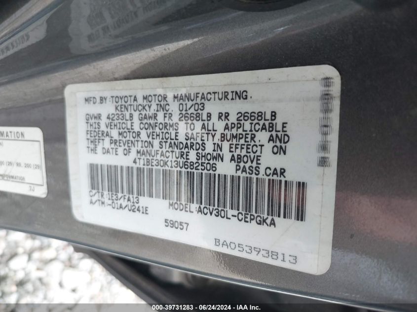 2003 Toyota Camry Xle VIN: 4T1BE30K13U682506 Lot: 39731283