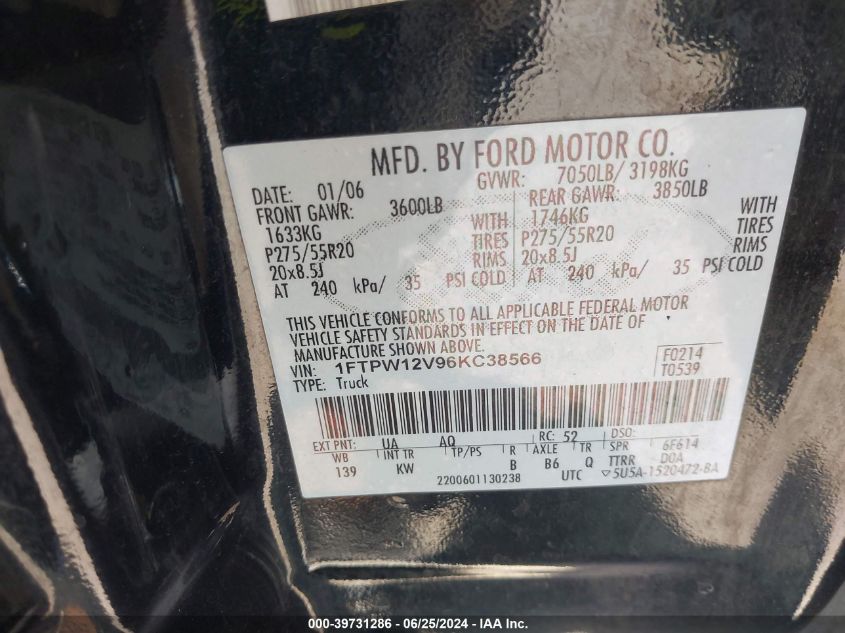 2006 Ford F-150 Lariat/Xlt VIN: 1FTPW12V96KC38566 Lot: 39731286
