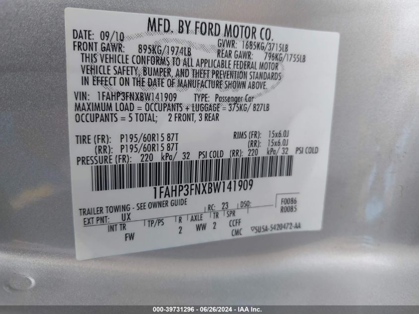 2011 Ford Focus Se VIN: 1FAHP3FNXBW141909 Lot: 39731296