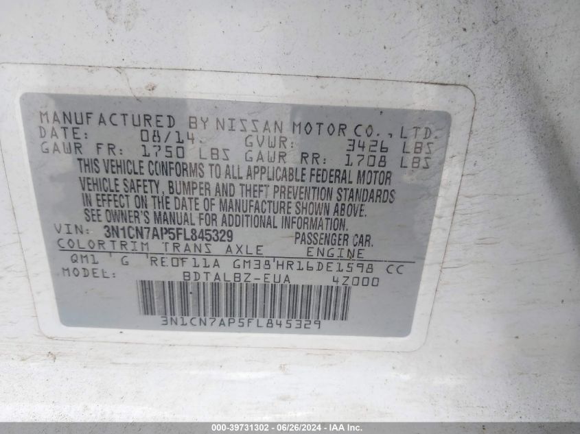 2015 Nissan Versa 1.6 Sv VIN: 3N1CN7AP5FL845329 Lot: 39731302