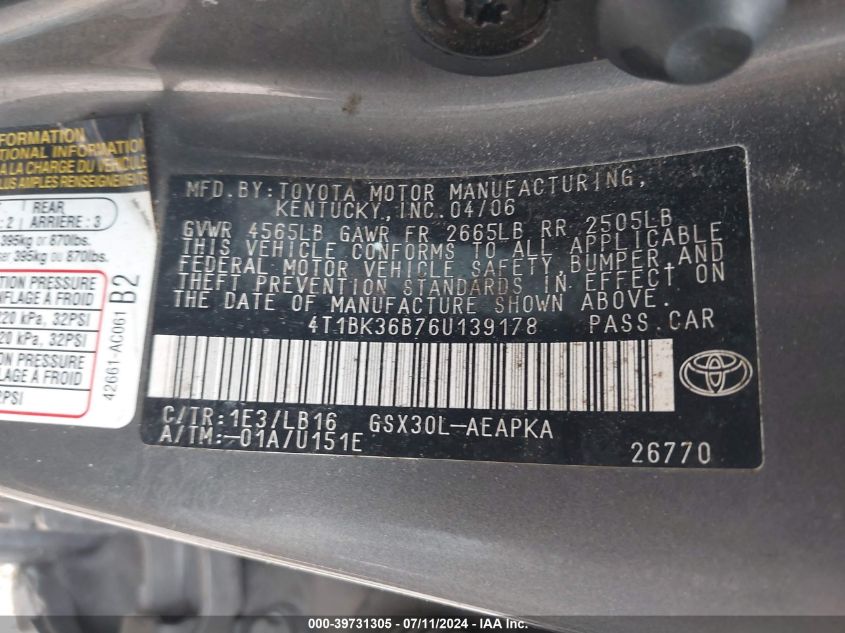 2006 Toyota Avalon Limited VIN: 4T1BK36B76U139178 Lot: 39731305