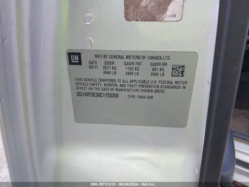 2012 Chevrolet Impala Ls VIN: 2G1WF5E36C1150396 Lot: 39731313