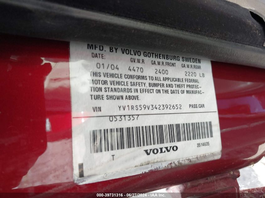 2004 Volvo S60 2.5T VIN: YV1RS59V342392652 Lot: 39731316