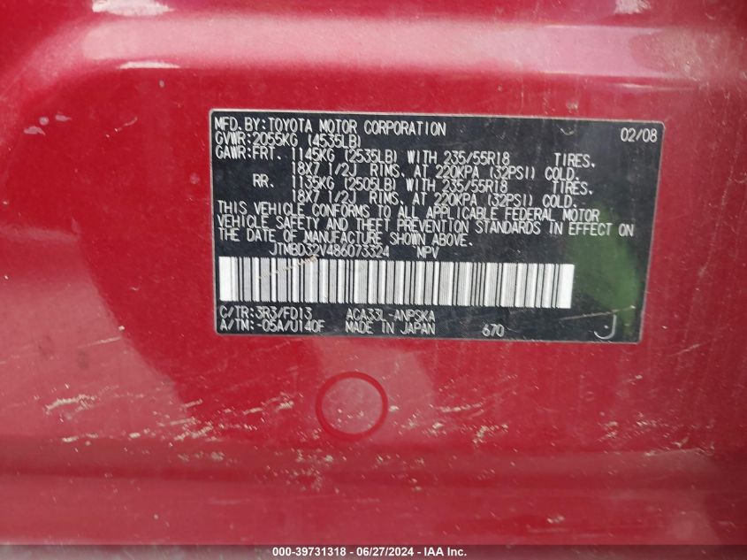 2008 Toyota Rav4 Sport VIN: JTMBD32V486073324 Lot: 39731318