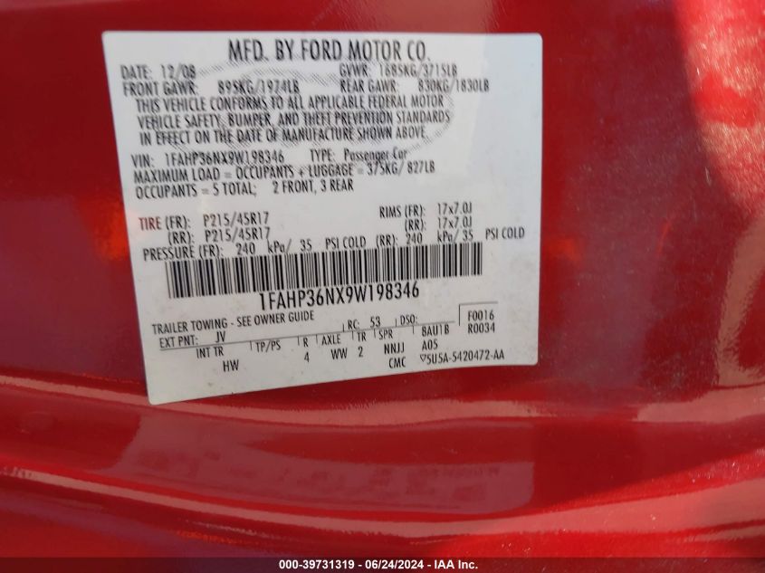 2009 Ford Focus Ses VIN: 1FAHP36NX9W198346 Lot: 39731319