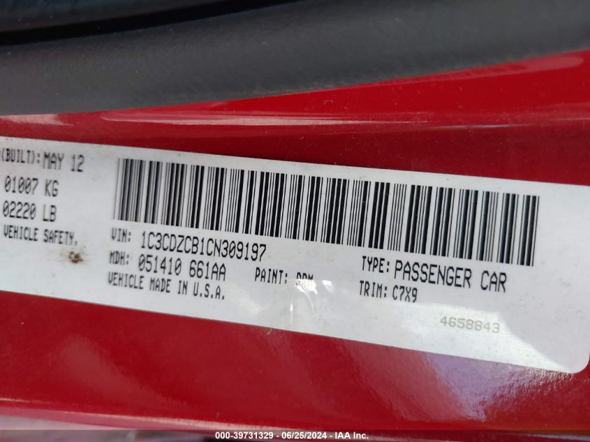2012 Dodge Avenger Sxt VIN: 1C3CDZCB1CN309197 Lot: 39731329