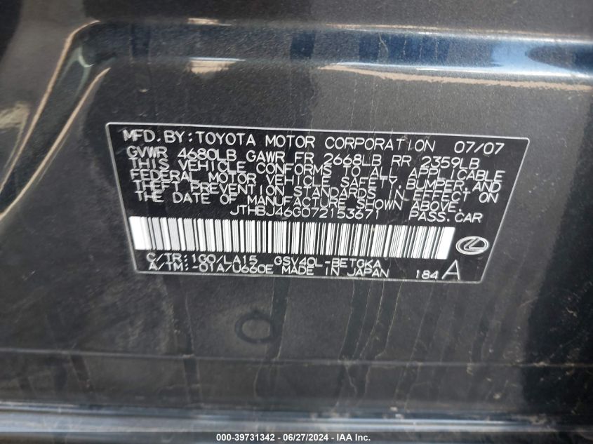 2007 Lexus Es 350 350 VIN: JTHBJ46G072153671 Lot: 39731342