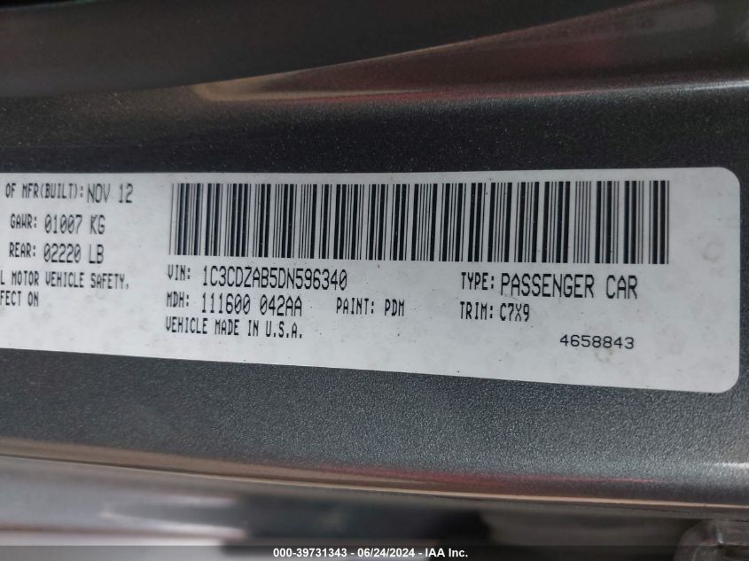 2013 Dodge Avenger Se VIN: 1C3CDZAB5DN596340 Lot: 39731343