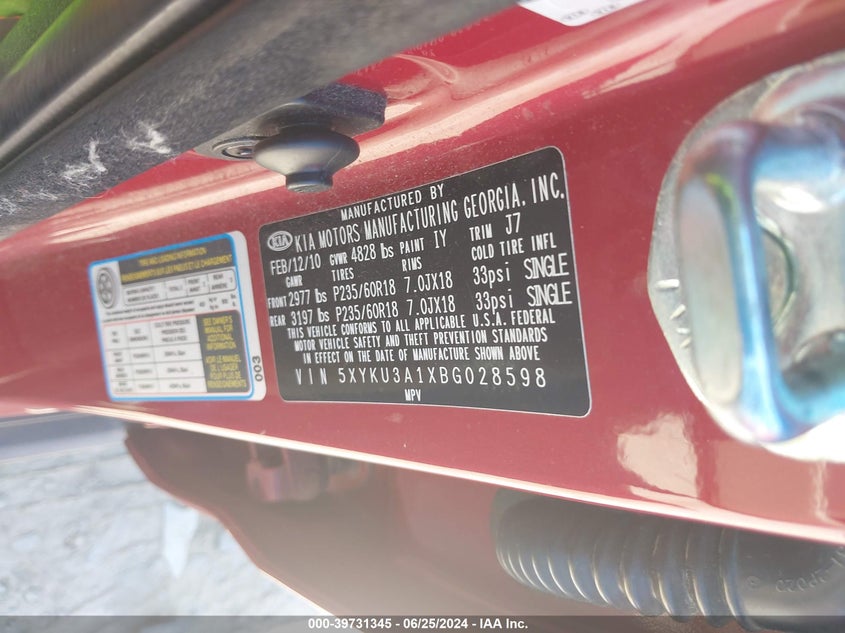 2011 Kia Sorento Ex VIN: 5XYKU3A1XBG028598 Lot: 39731345