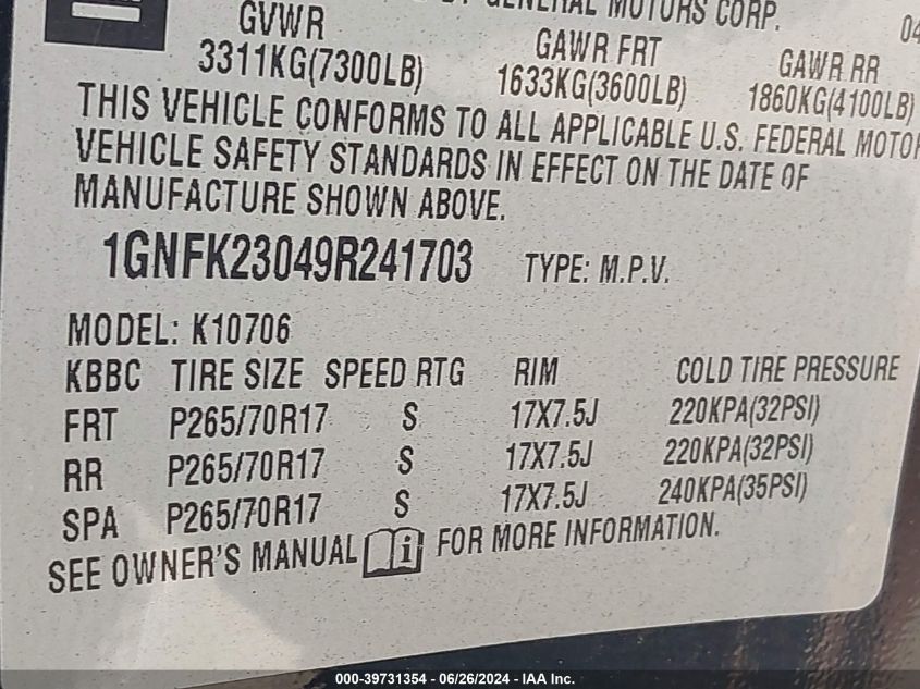 2009 Chevrolet Tahoe Lt2 VIN: 1GNFK23049R241703 Lot: 39731354