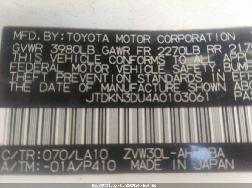 2010 Toyota Prius VIN: JTDKN3DU4A0103061 Lot: 39731355