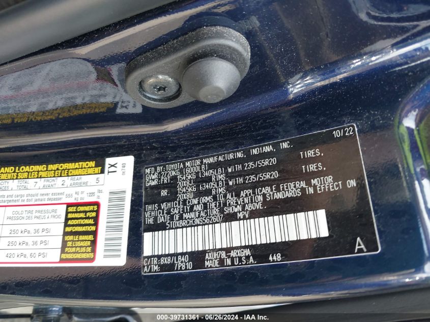 2022 Toyota Highlander Hybrid Limited VIN: 5TDXBRCH3NS562607 Lot: 39731361