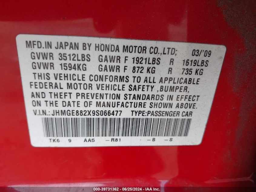 2009 Honda Fit VIN: JHMGE882X9S066477 Lot: 39731362