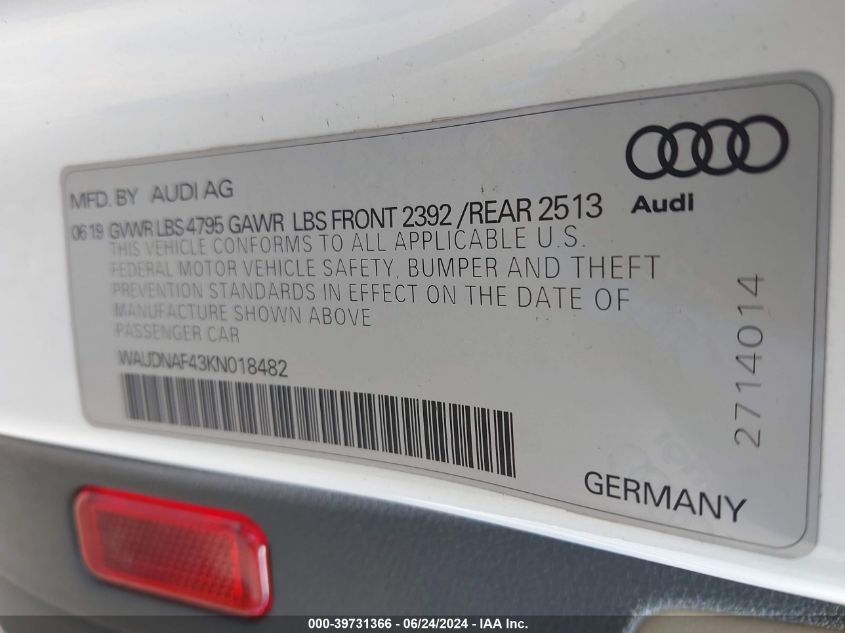 2019 Audi A4 45 Premium VIN: WAUDNAF43KN018482 Lot: 39731366