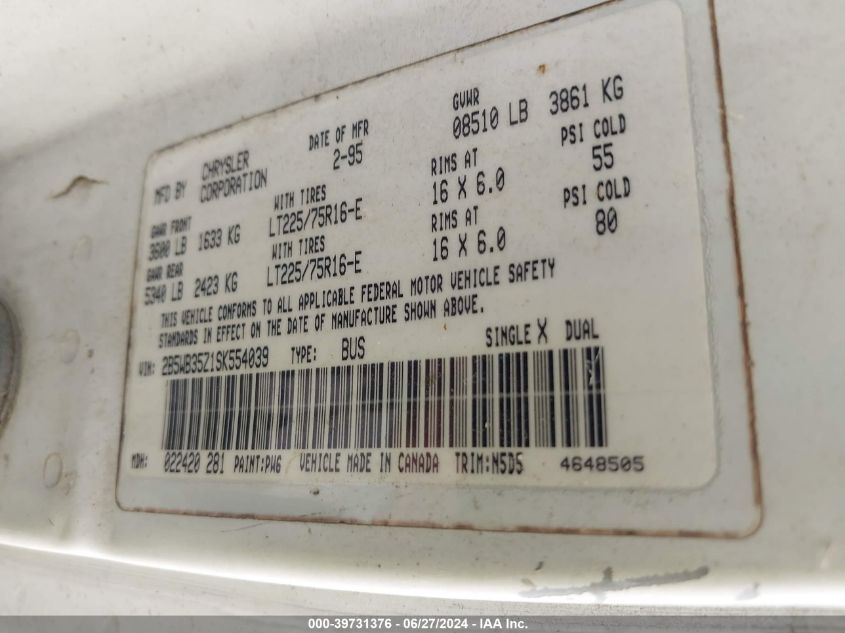 1995 Dodge Ram Wagon B3500 VIN: 2B5WB35Z1SK554039 Lot: 39731376