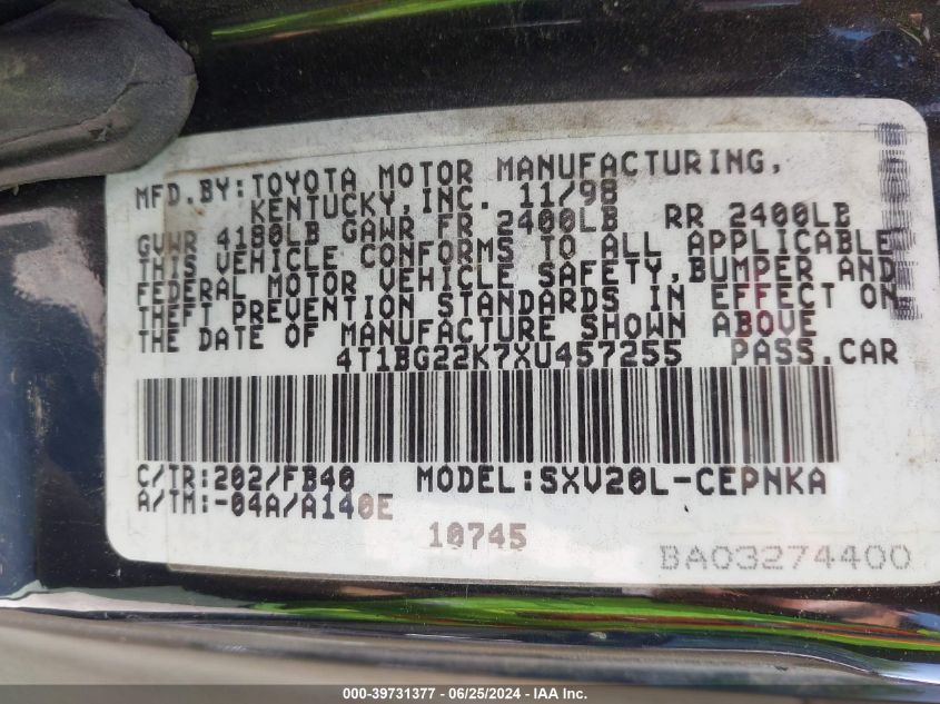 1999 Toyota Camry Le VIN: 4T1BG22K7XU457255 Lot: 39731377