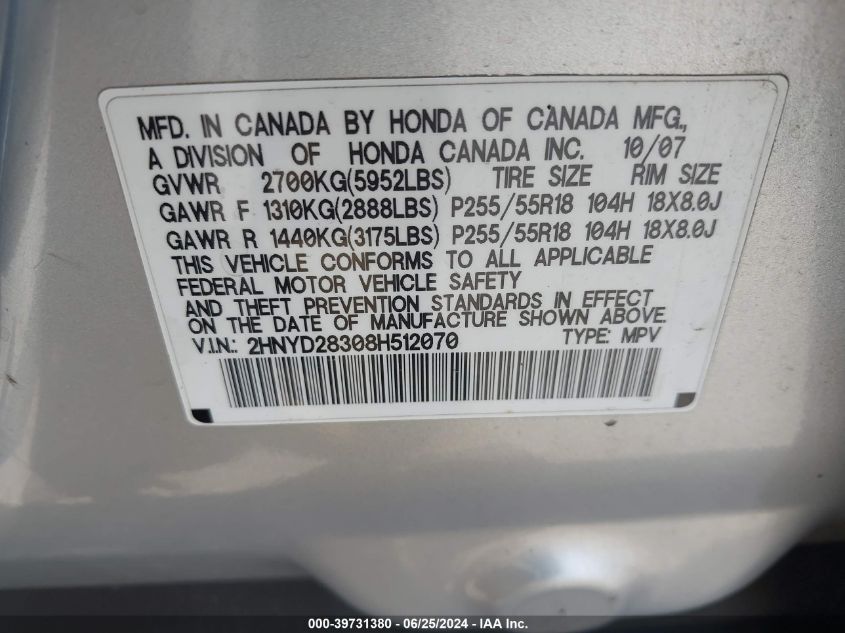 2008 Acura Mdx Technology Package VIN: 2HNYD28308H512070 Lot: 39731380