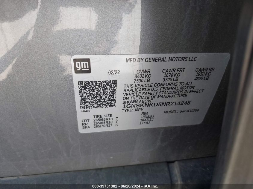 2022 Chevrolet Tahoe 4Wd Lt VIN: 1GNSKNKD5NR214248 Lot: 39731382