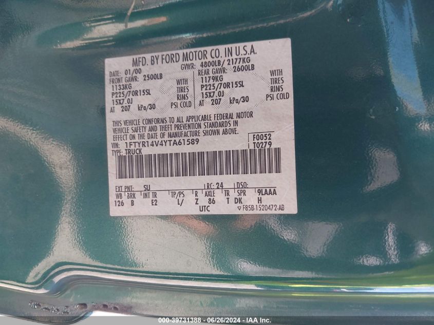 2000 Ford Ranger Xl/Xlt VIN: 1FTYR14V4YTA61589 Lot: 39731388