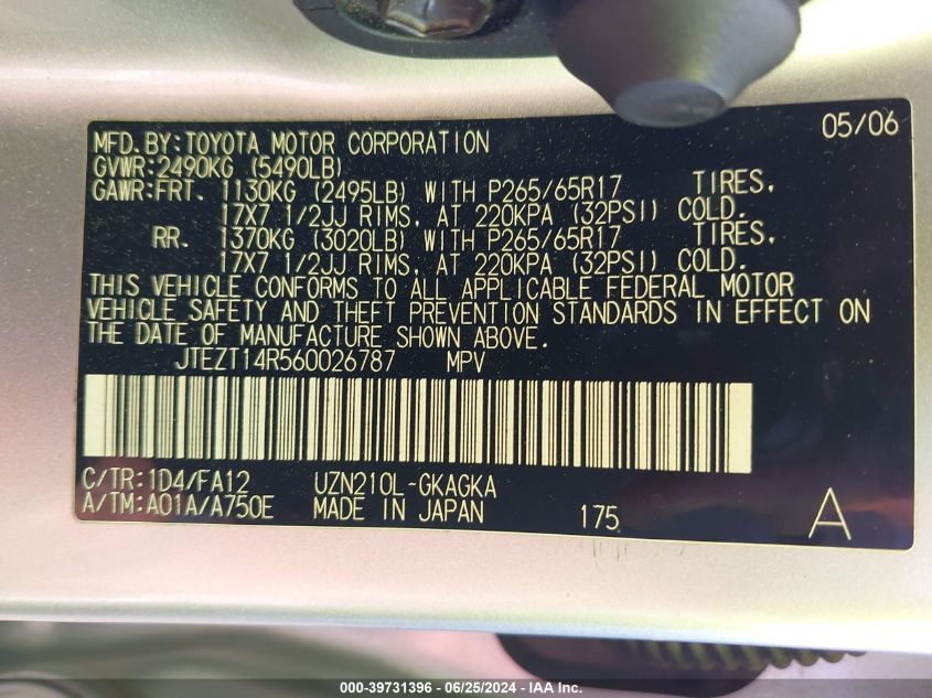 2006 Toyota 4Runner Sr5/Sport VIN: JTEZT14R560026787 Lot: 39731396