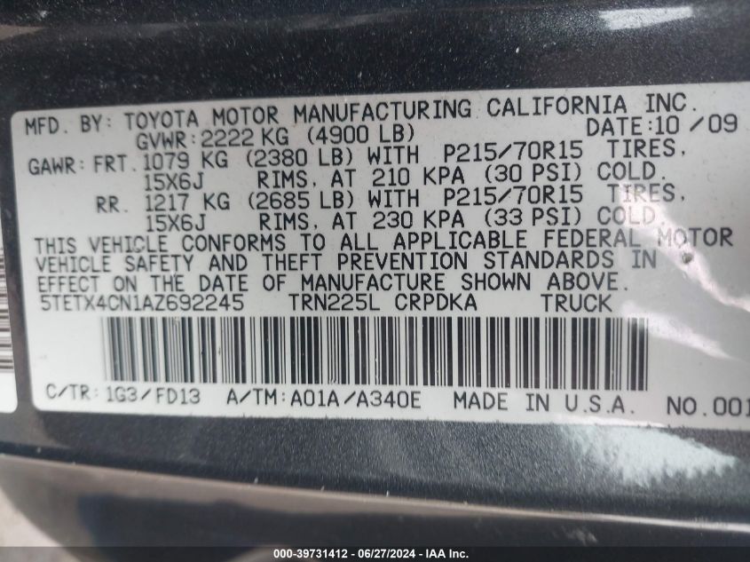 2010 Toyota Tacoma VIN: 5TETX4CN1AZ692245 Lot: 39731412